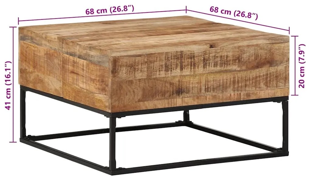 Mesa de centro 68x68x41 cm madeira de mangueira áspera