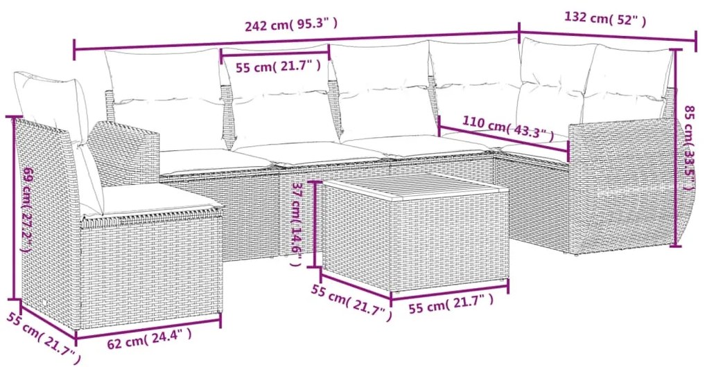 7 pcs conjunto de sofás p/ jardim c/ almofadões vime PE preto