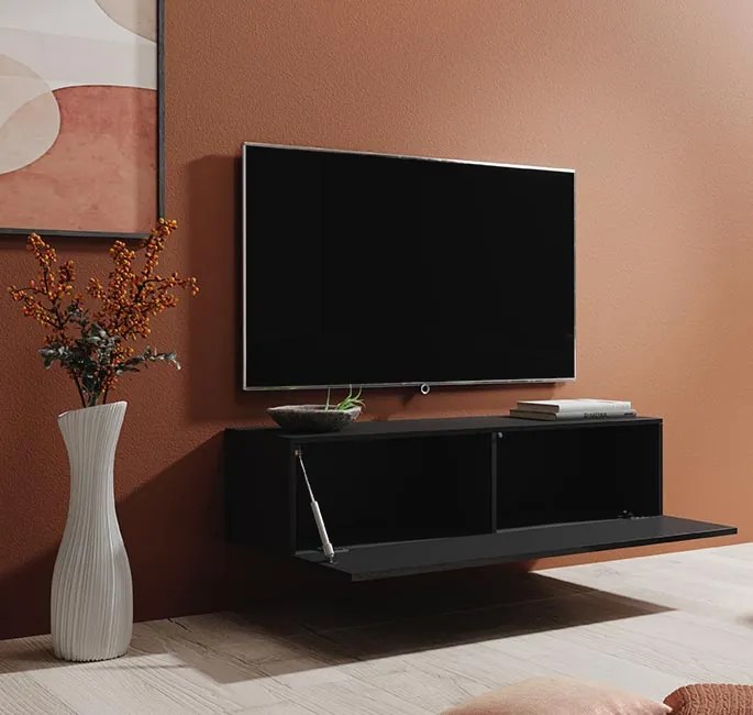 Móvel TV Sendim – 120x30 cm – Preto Mate com Portas Alto Brilho – Desi