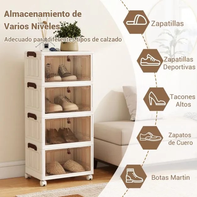 Caixa para sapatos dobrável de 4 níveis 39 × 27 × 85 cm, empilhável, com tampa, portas e rodas bloqueáveis, em plástico, para armário na entrada, sala