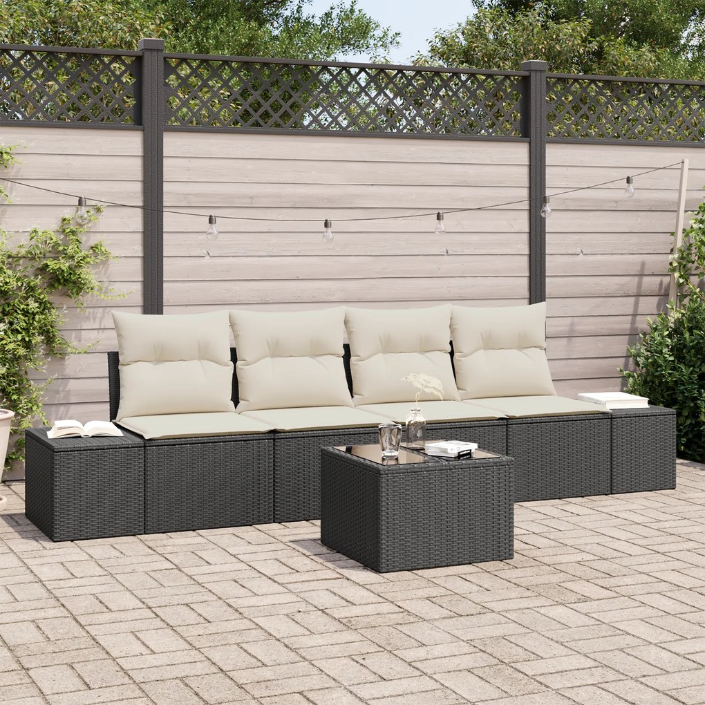 Conjunto de Sofá de Jardim de 5 Peças com Almofadas em Rattan Poliprop