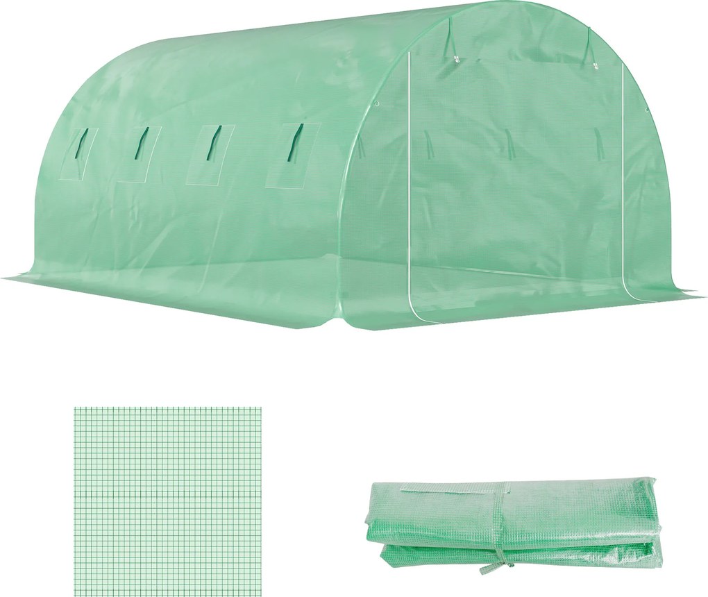 Lona de substituição para estufa em túnel de 12 m² (4 x 3 x 2 m) (ESTRUTURA NÃO INCLUIDA), PE anti-UV, impermeável, com 8 janelas + porta enrolável co