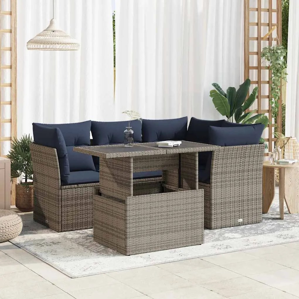 5 pcs conjunto sofás de jardim c/ almofadões acácia e vime PE