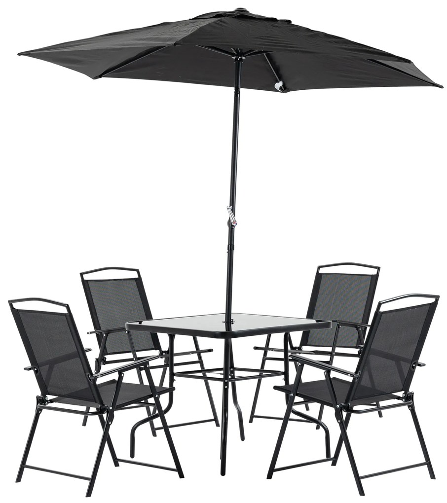 Outsunny Conjunto de Jardim Refeição com 4 Cadeiras Dobráveis Mesa e Chapéu de Sol Inclinável  80x80x70cm Preto