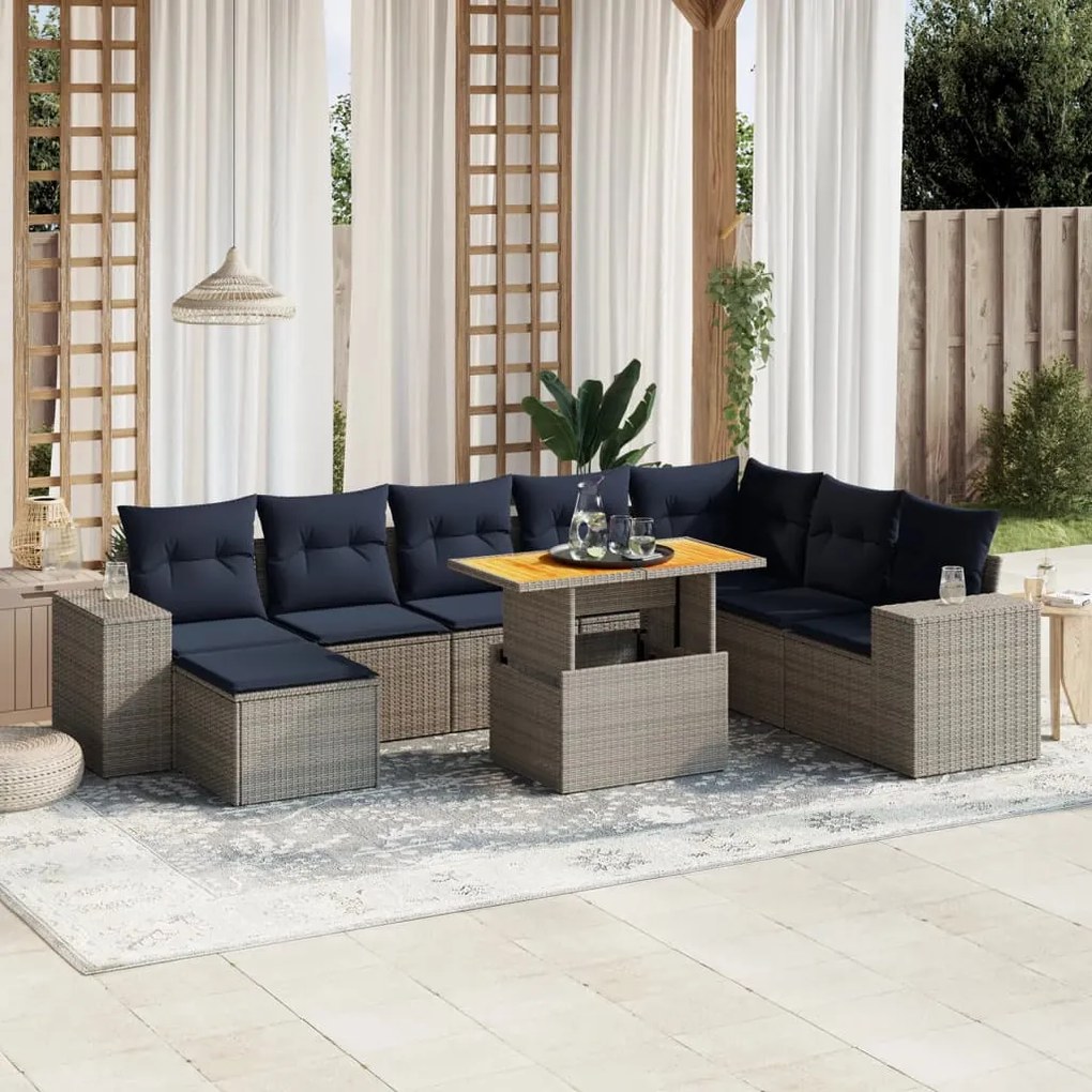 vidaXL 9 pcs conjunto sofás p/ jardim c/ almofadões vime PE cinzento