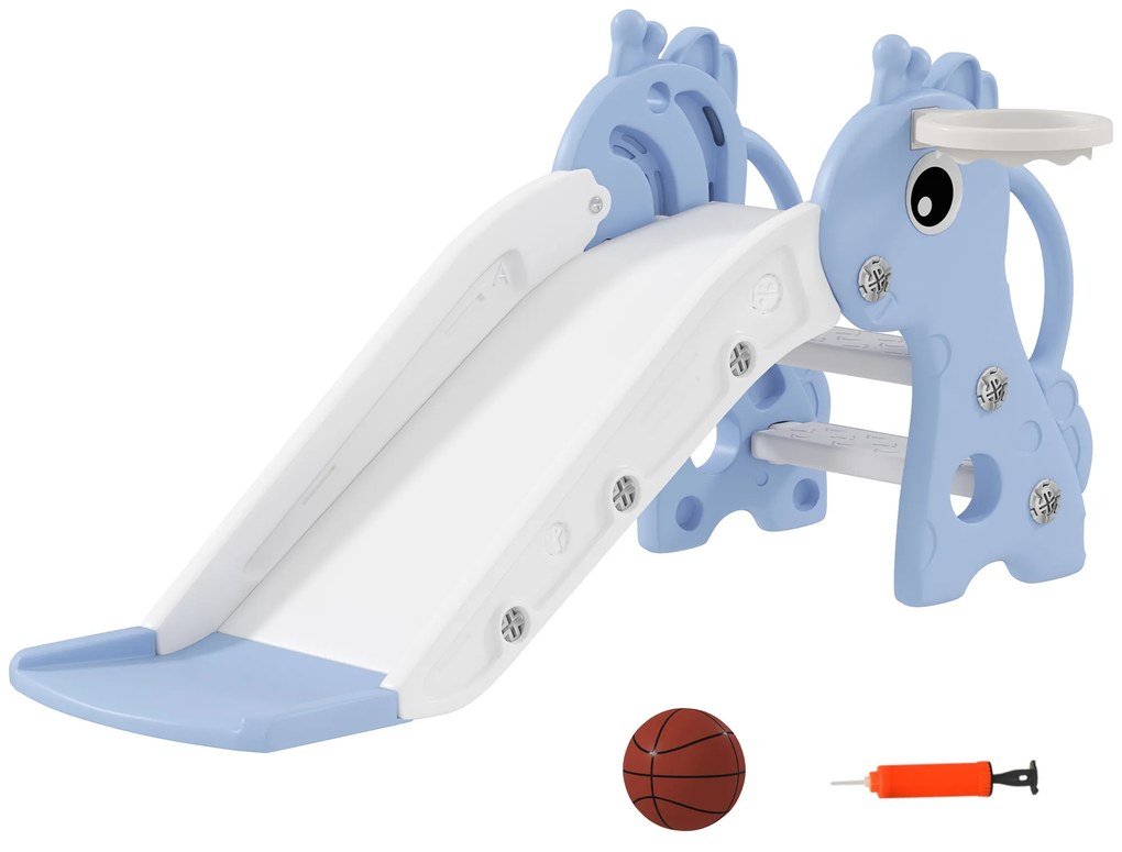 AIYAPLAY Escorrega para Crianças 3 em 1 com Escada Tabela de Basquetebol e Desenho de Girafa 106x51,5x52 cm Azul Claro