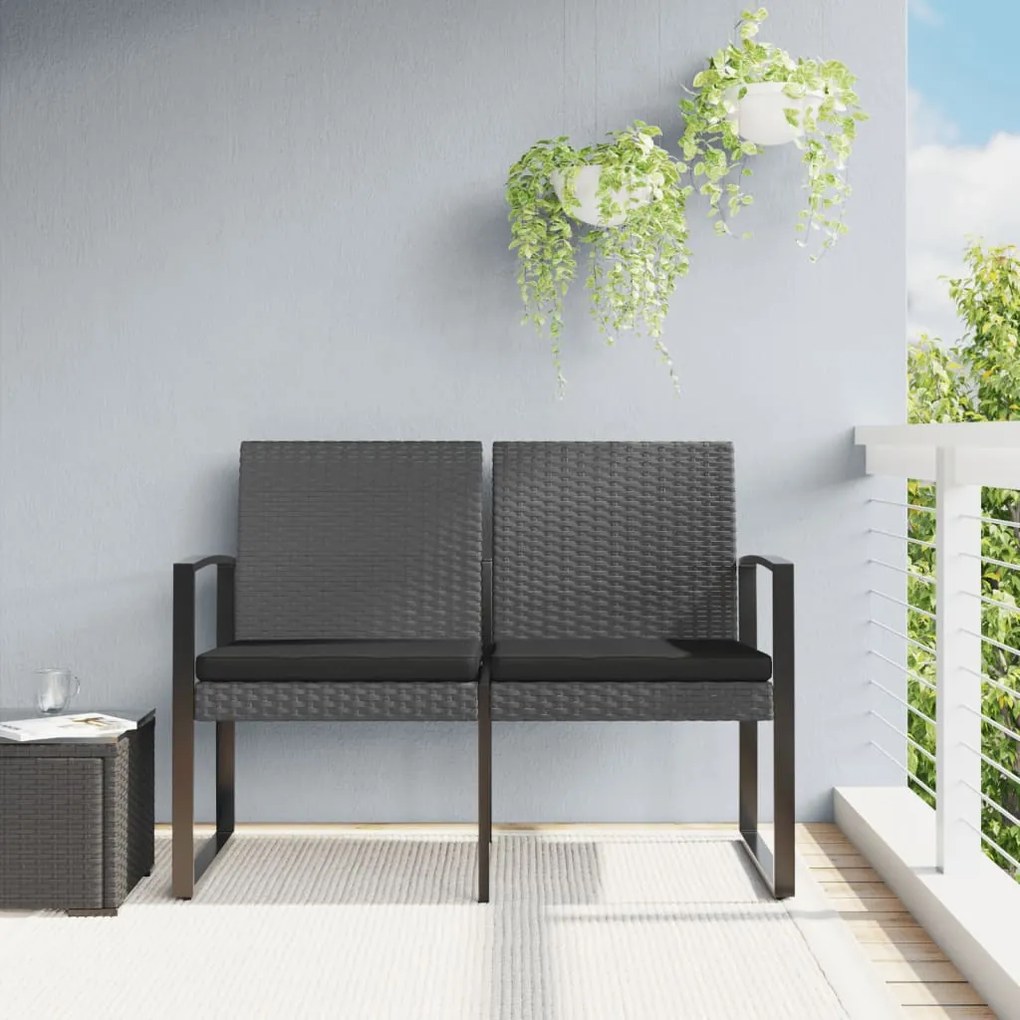 vidaXL Banco de jardim de 2 lugares c/ almofadões vime PP cinza-escuro