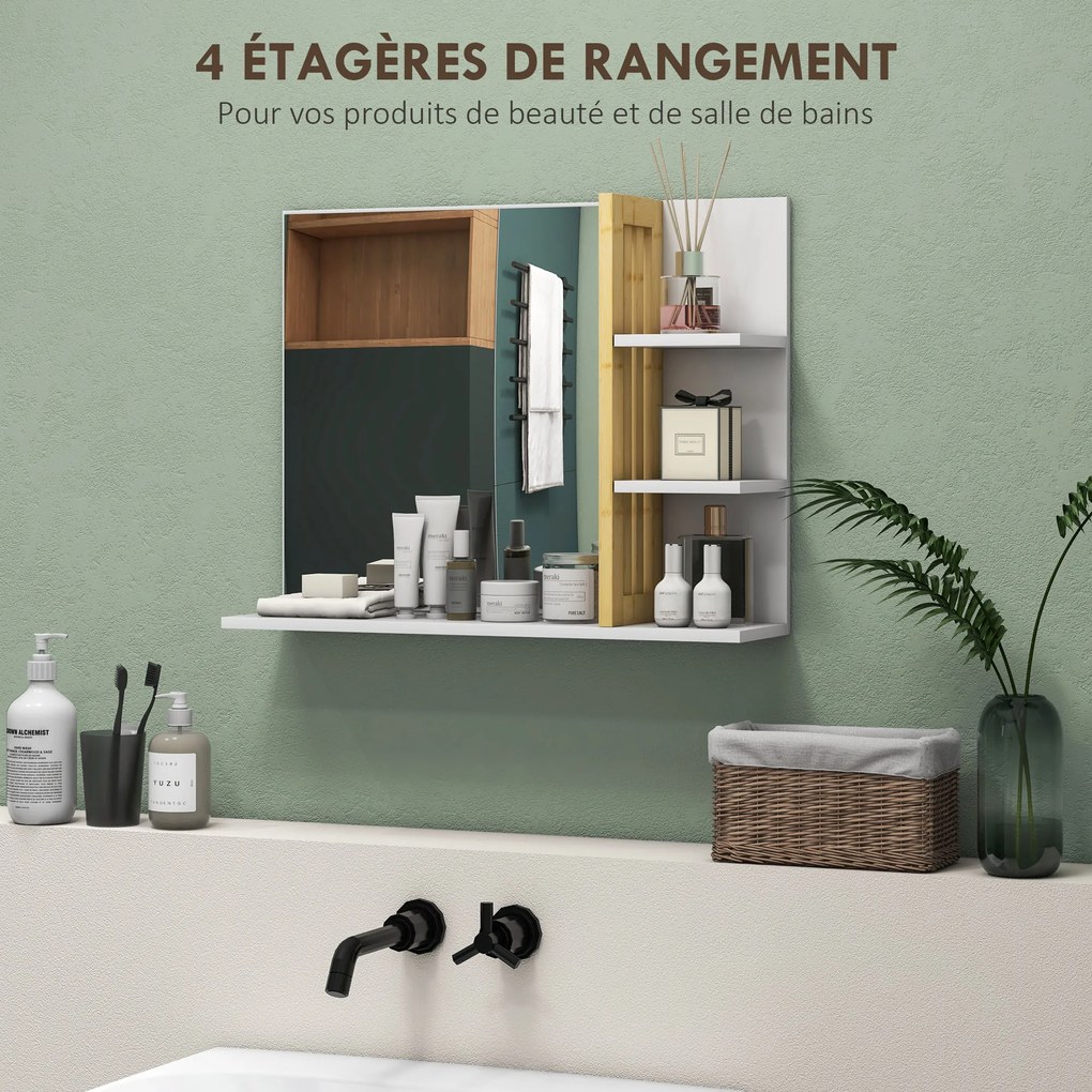 Espelho de parede para casa de banho 45 x 15 x 58,5 cm com 3 prateleiras laterais e 1 prateleira inferior em bambu e branco