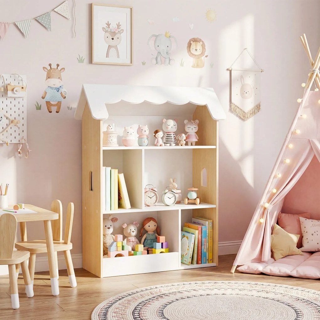 Estante infantil de 3 níveis, 70 x 33 x 92 cm em forma de casa, com prateleiras abertas, organizador de brinquedos em madeira para sala de jogos, quar