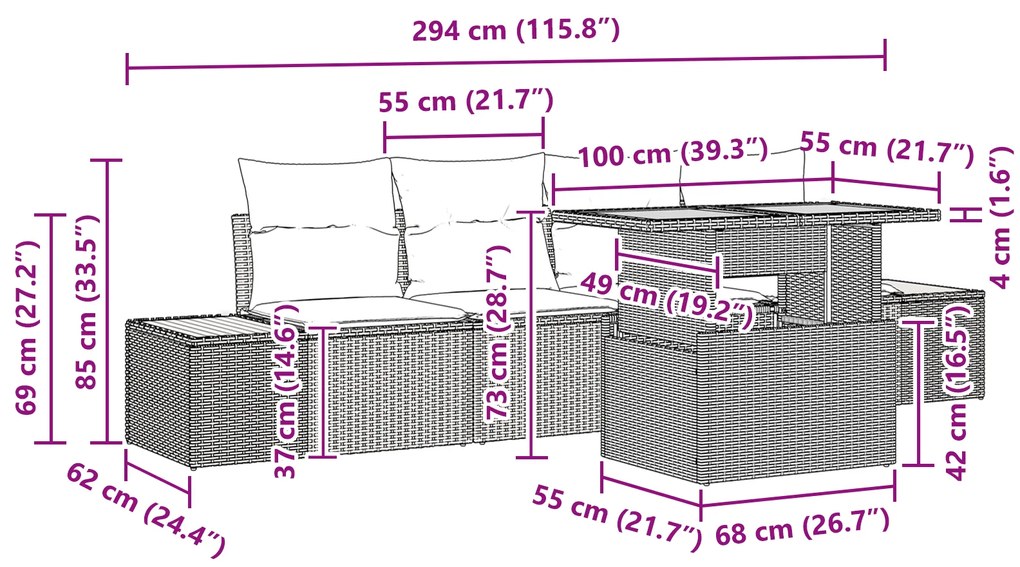 Conjunto de Jantar de Jardim de 5 Peças com Almofadas Bege em Rattan S