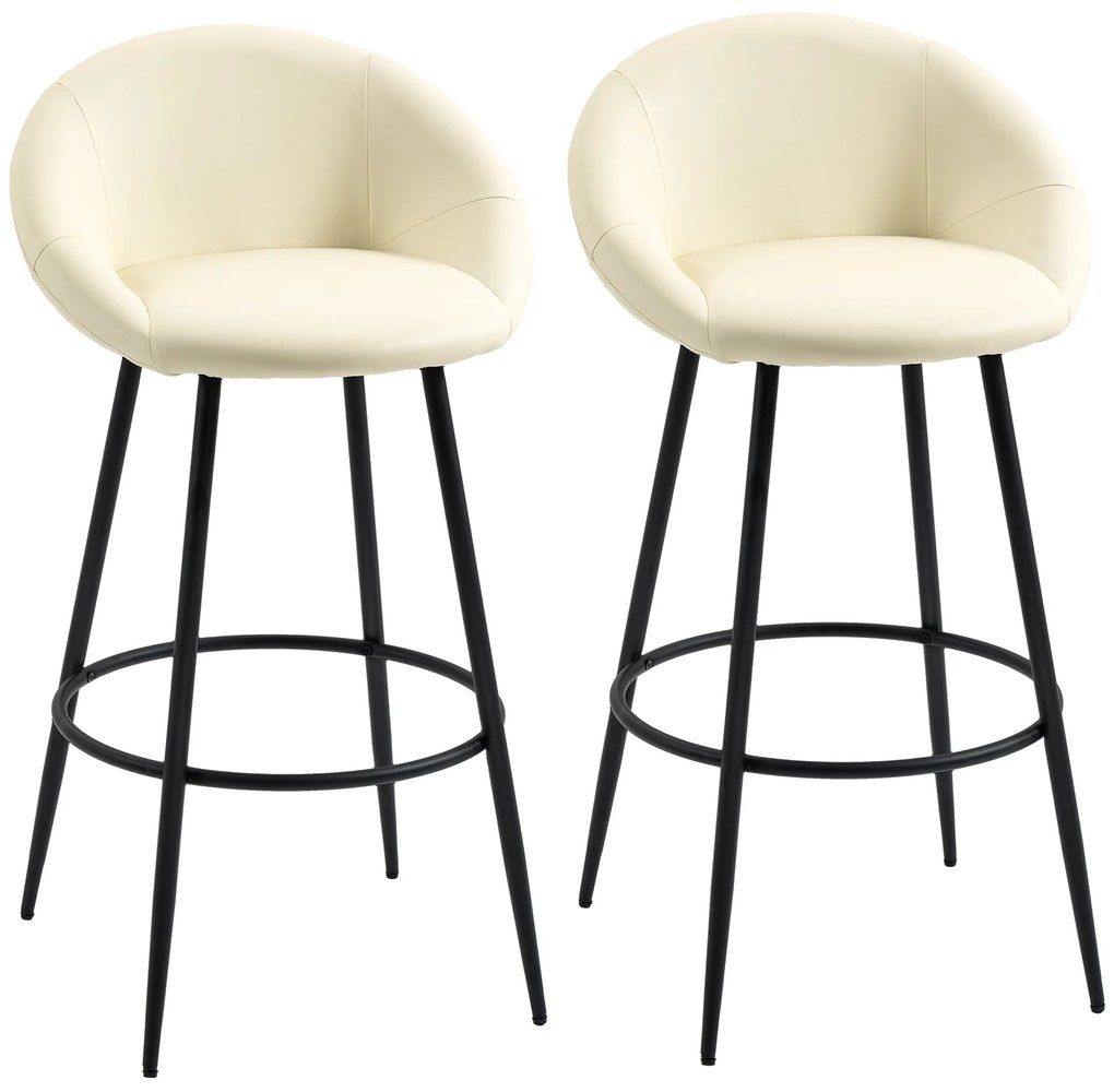 HOMCOM Conjunto de 2 Bancos Altos de Cozinha Estofados em PU Bancos de Bar com Base Antiderrapante e Apoio para os Pés Estilo Moderno Carga Máxima 120kg 54x48,5x96cm Creme