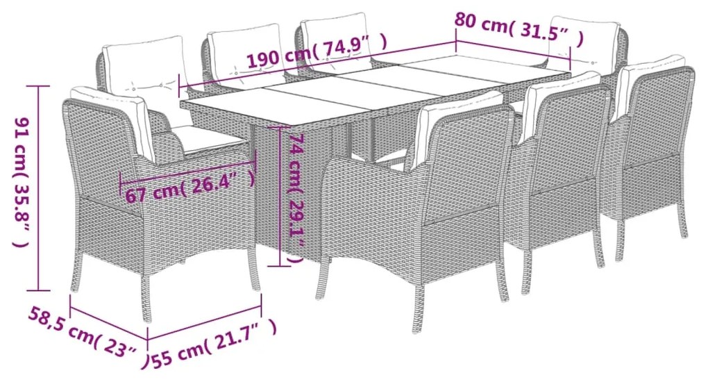 9 pcs conjunto de jantar p/ jardim com almofadões vime PE bege