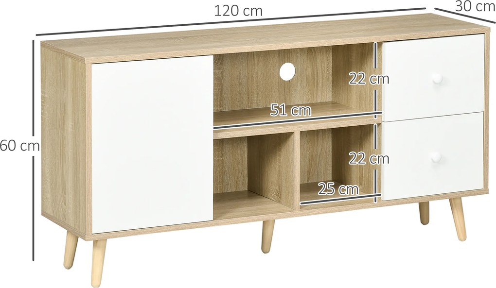 Móvel para televisão até 45 polegadas, com pés em madeira maciça, 120 x 30 x 60 cm Branco e Natural
