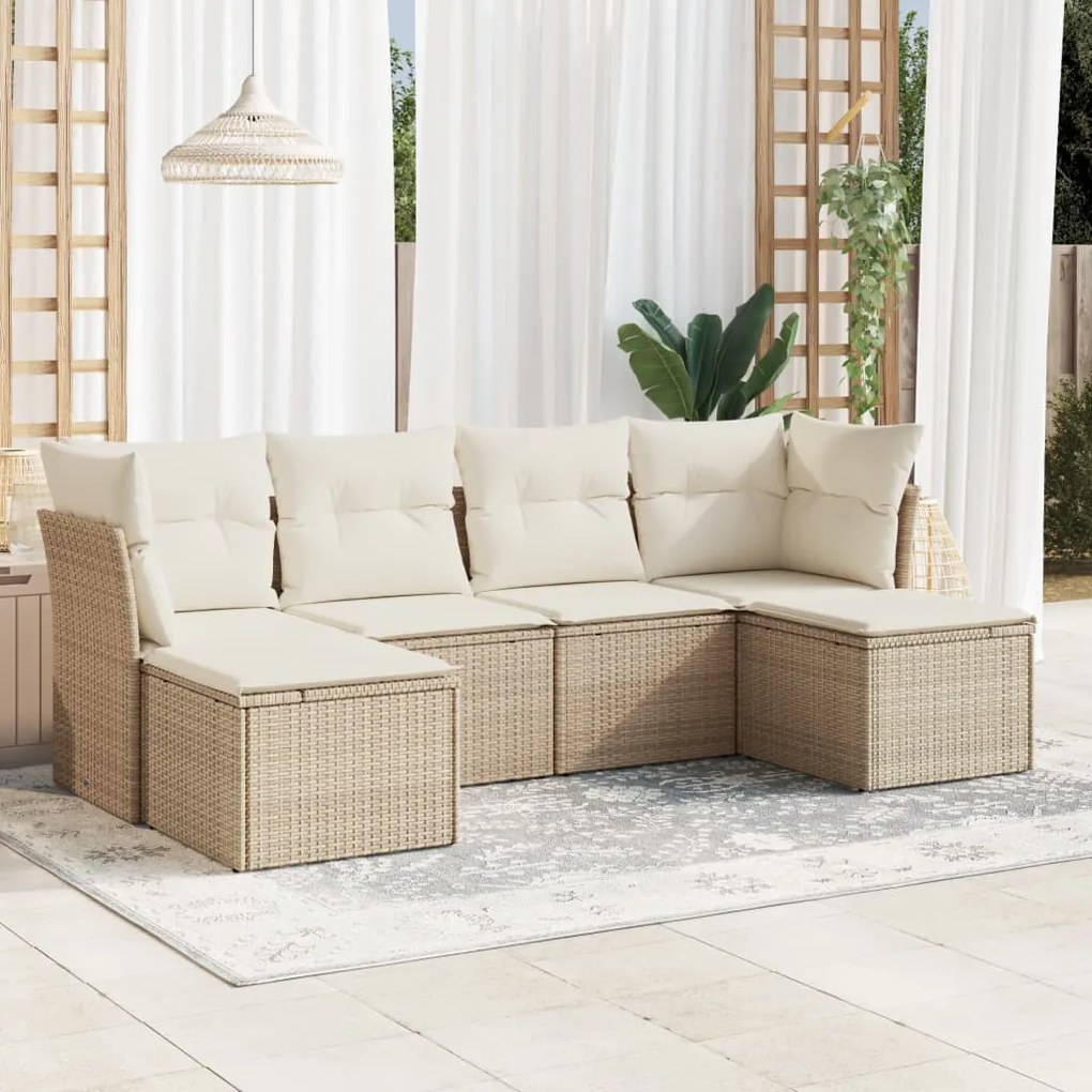 6 pcs conjunto de sofás p/ jardim com almofadões vime PE bege