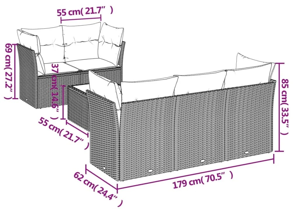 6 pcs conjunto sofás de jardim com almofadões vime cinzento