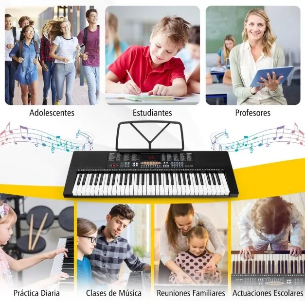 Teclado eletrónico de 61 teclas com 300 ritmos 3 modos de ensino Teclado com ecrã LED Microfone duplo