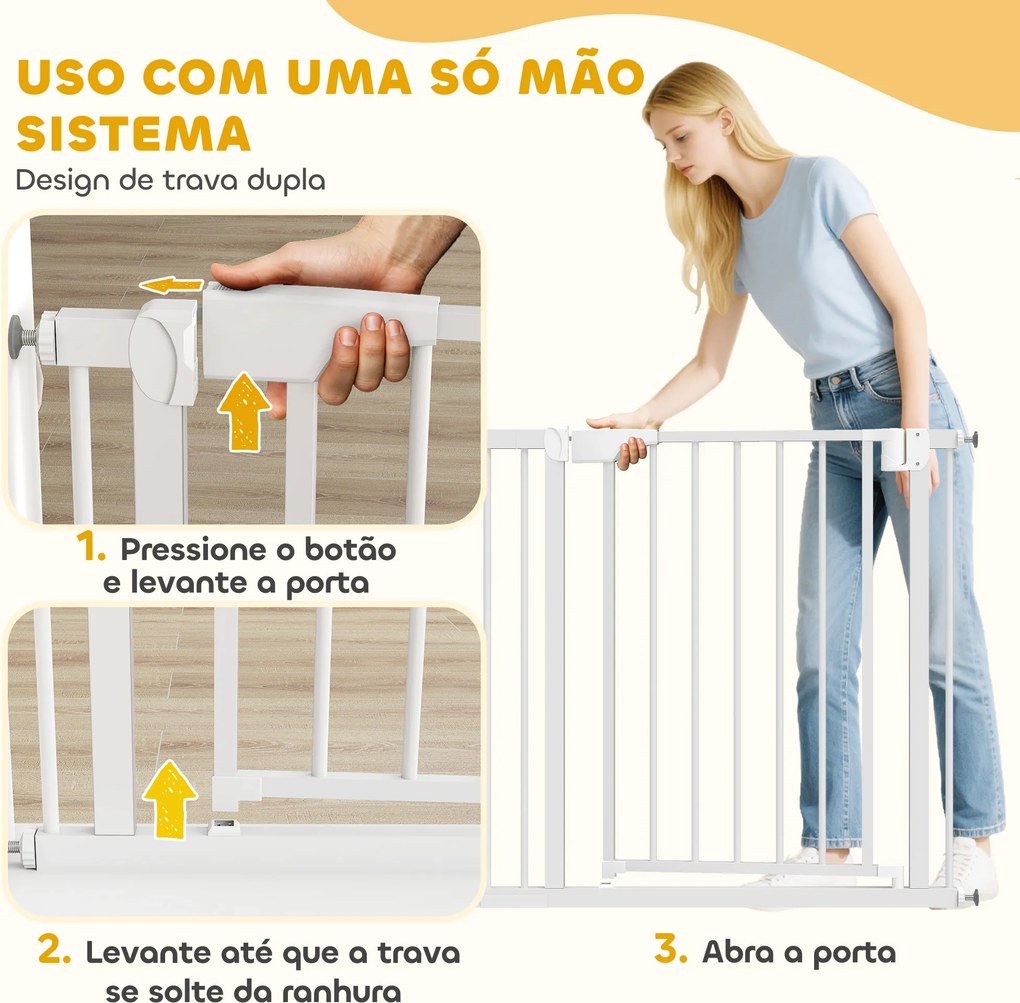 Barreira de Segurança para Crianças e Cães Largura 76-89 cm Bloqueio Duplo Fecho Automático Abertura em Dois Sentidos e Extensão de 7 cm Branco
