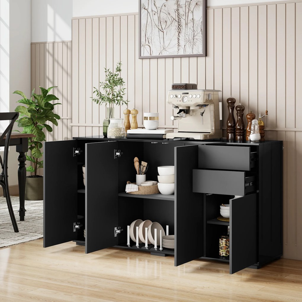 Aparador com 2 gavetas deslizantes 140 x 36 x 74 cm, 4 portas e prateleira ajustável, em aglomerado, preto
