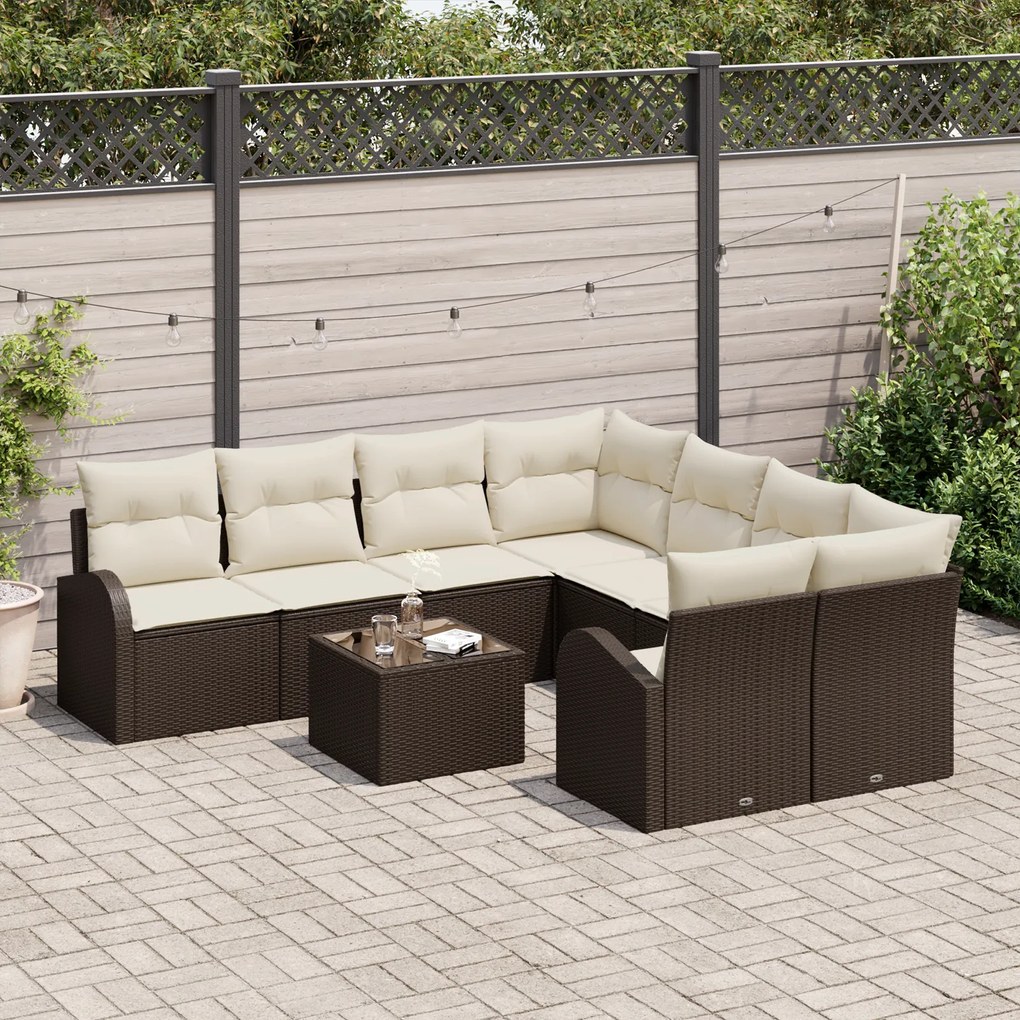 Conjunto de Sofá de Jardim vidaXL 9 Peças com Almofadas Castanho Polyr