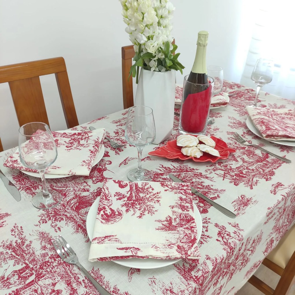 Toalha de Mesa Linho COL Toile de Jouy Red Ponto Aberto