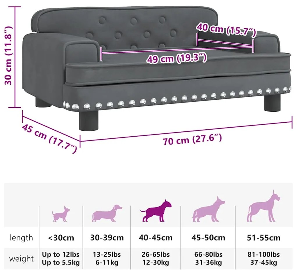 Cama para cães 70x45x30 cm veludo cinzento-escuro