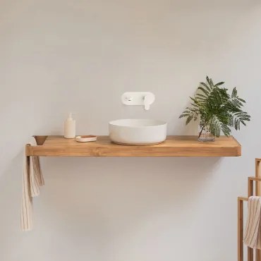 Conjunto De Móvel De Casa De Banho 130x45 Cm Suspenso Em Madeira De Teca Neill Madeira De Teca & Cerâmica Redonda Branca Ø40 Cm Lenka & - Sklum