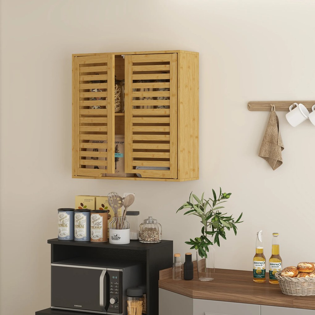 Armário de Parede de Bambu Móvel de Casa de Banho Suspenso com Prateleira Ajustável Portas de Ripas 60x20x60 cm Madeira