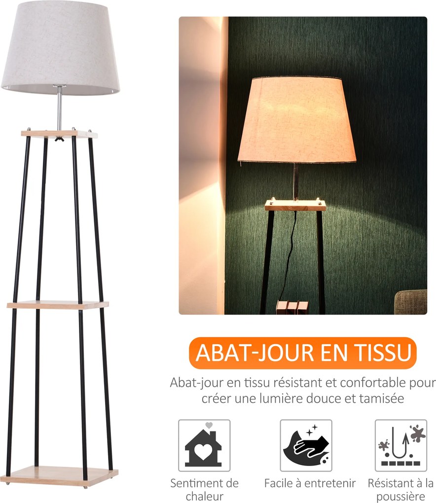 Candeeiro de pé de design contemporâneo, 40 x 40 x 160 cm, 40 W máx., 3 prateleiras integradas em madeira maciça de pinho, metal preto e linho bege e