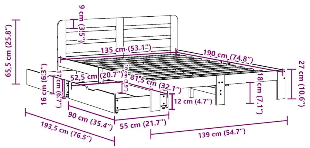 Cama sem colchão 135x190 cm madeira de pinho maciça branco