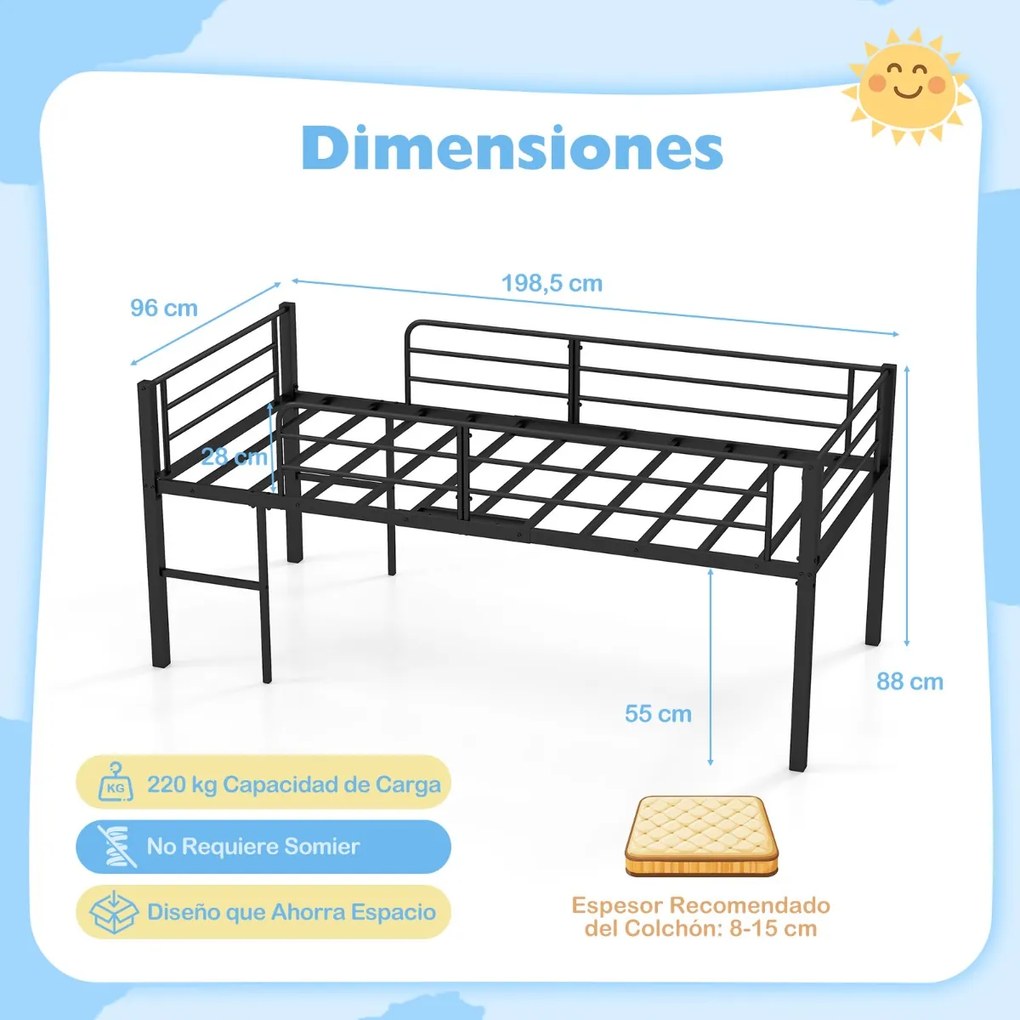 Cama Criança 198,5 x 96 x 88 cm tipo alta (COLCHÃO NÃO INCLUIDO) com baixa estrutura metálica com grades de segurança e 2 escadas com degraus metálico