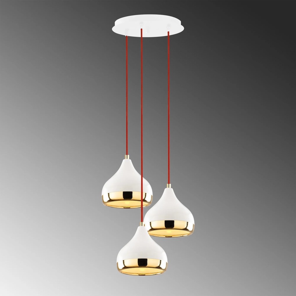 Chandelier Yildo – Branco, Vermelho, Dourado – Diâmetro: 37 cm, Altura