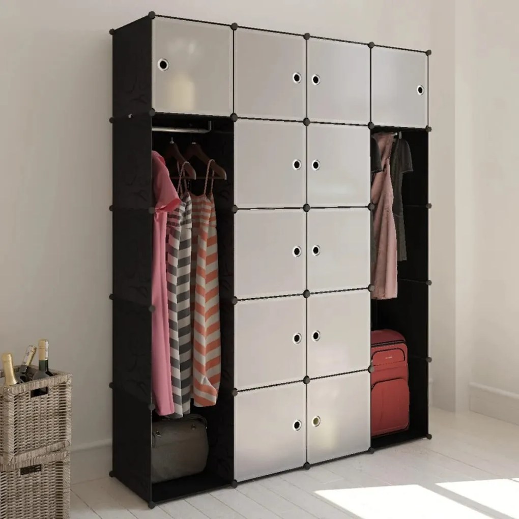 240499 vidaXL Armário plástico modular 14 gavetas 37x146x180,5cm preto branco
