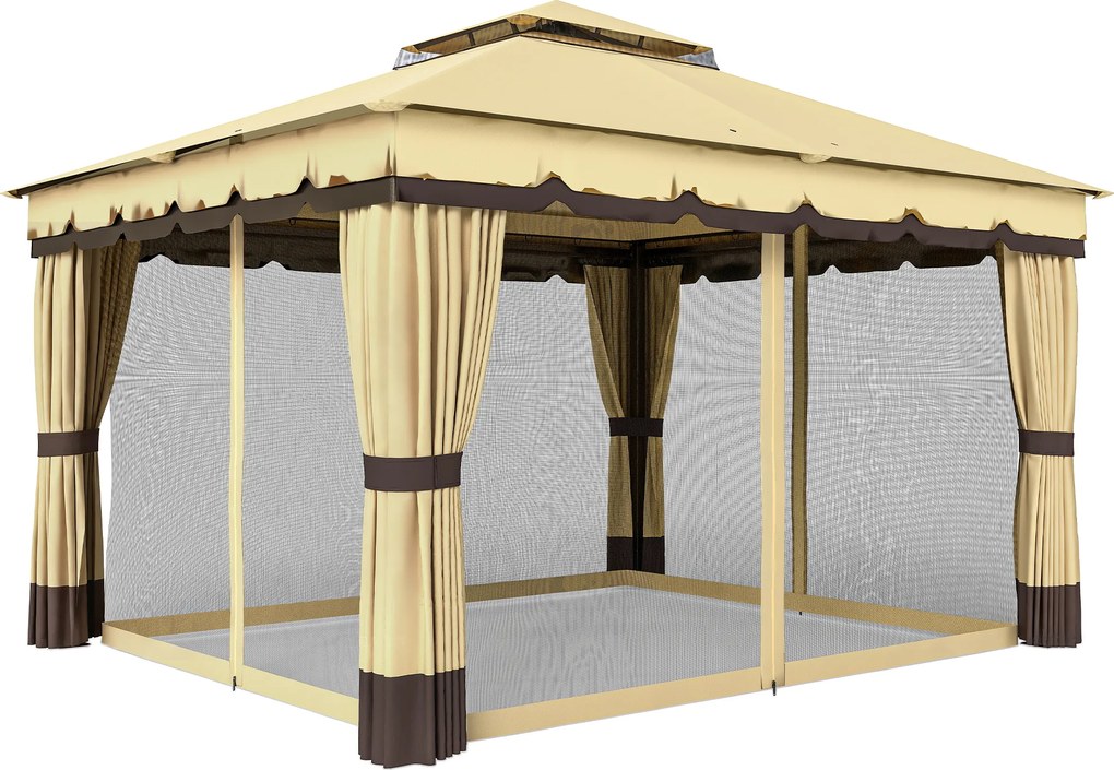 Pérgola de Jardim 3,7x3 m com Teto Duplo 4 Cortinas e Mosquiteira Estrutura em Aço Orifícios de Drenagem UV30+ Bege