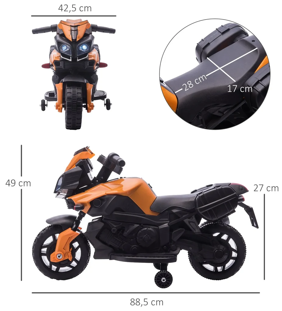 Moto Elétrica para Crianças a partir de 18 Meses, Velocidade Máx. de 3km/h,  88,5x42,5x49cm Laranja