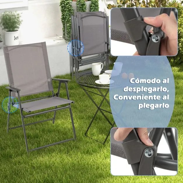 4 cadeiras jardim dobráveis com encosto alto Cadeiras de jantar para exterior em metal de tecido resistente Jardim Piscina Cinzento