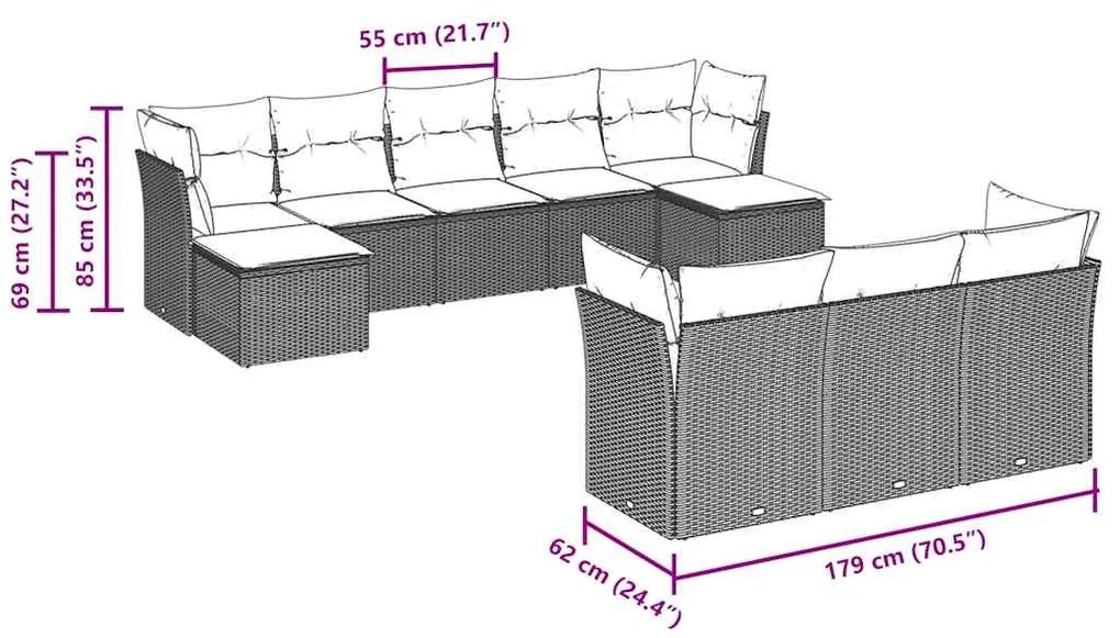 10 pcs conj. sofás jardim com almofadões vime PE cinzento-claro
