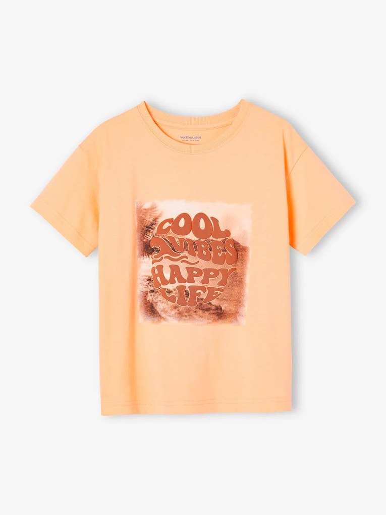 T-shirt com impressão fotográfica e inscrição com impressão em relevo, para menino alperce-rosado