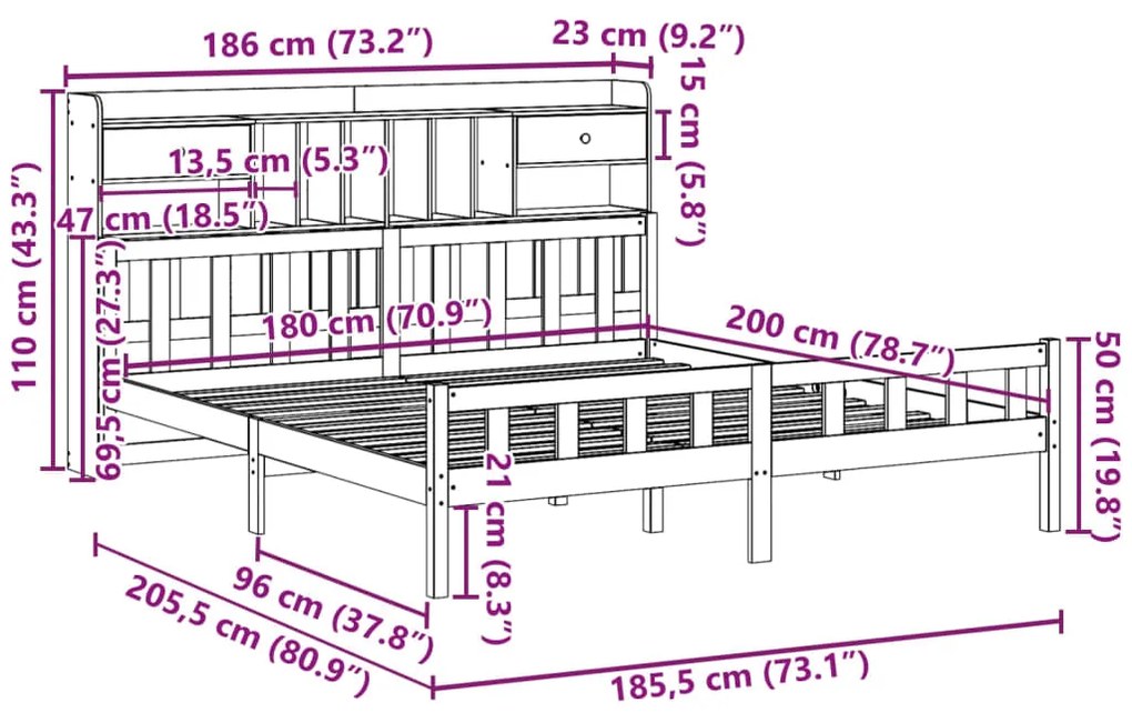 Cama com estante sem colchão 180x200 cm pinho maciço