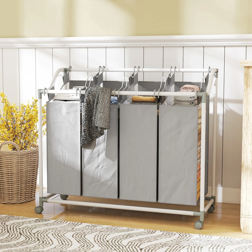 Cesto de roupa suja com rodas 4 x 40 L, 97 x 38 x 81 cm, carrinho para roupa suja, cesto com rodas com 4 sacos removíveis, cinzento