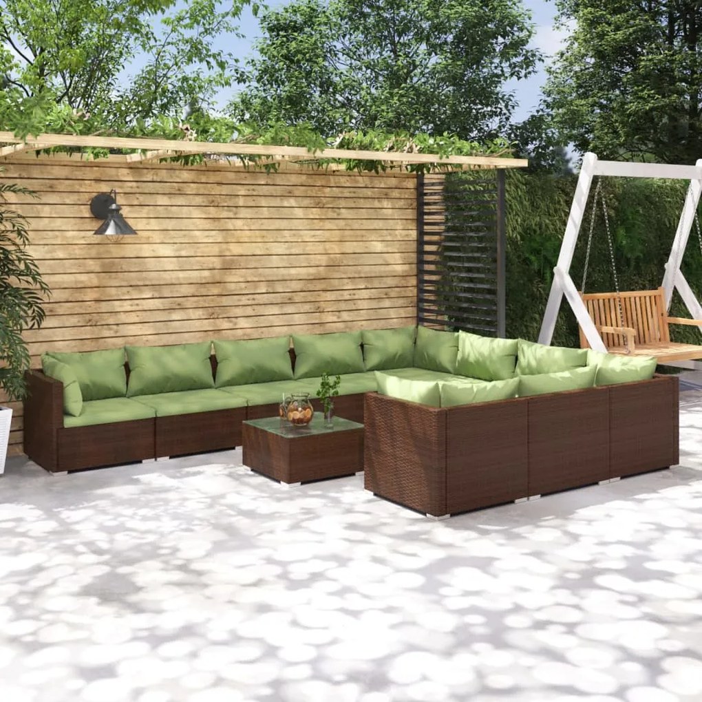 vidaXL 11 pcs conjunto lounge jardim c/ almofadões vime PE castanho