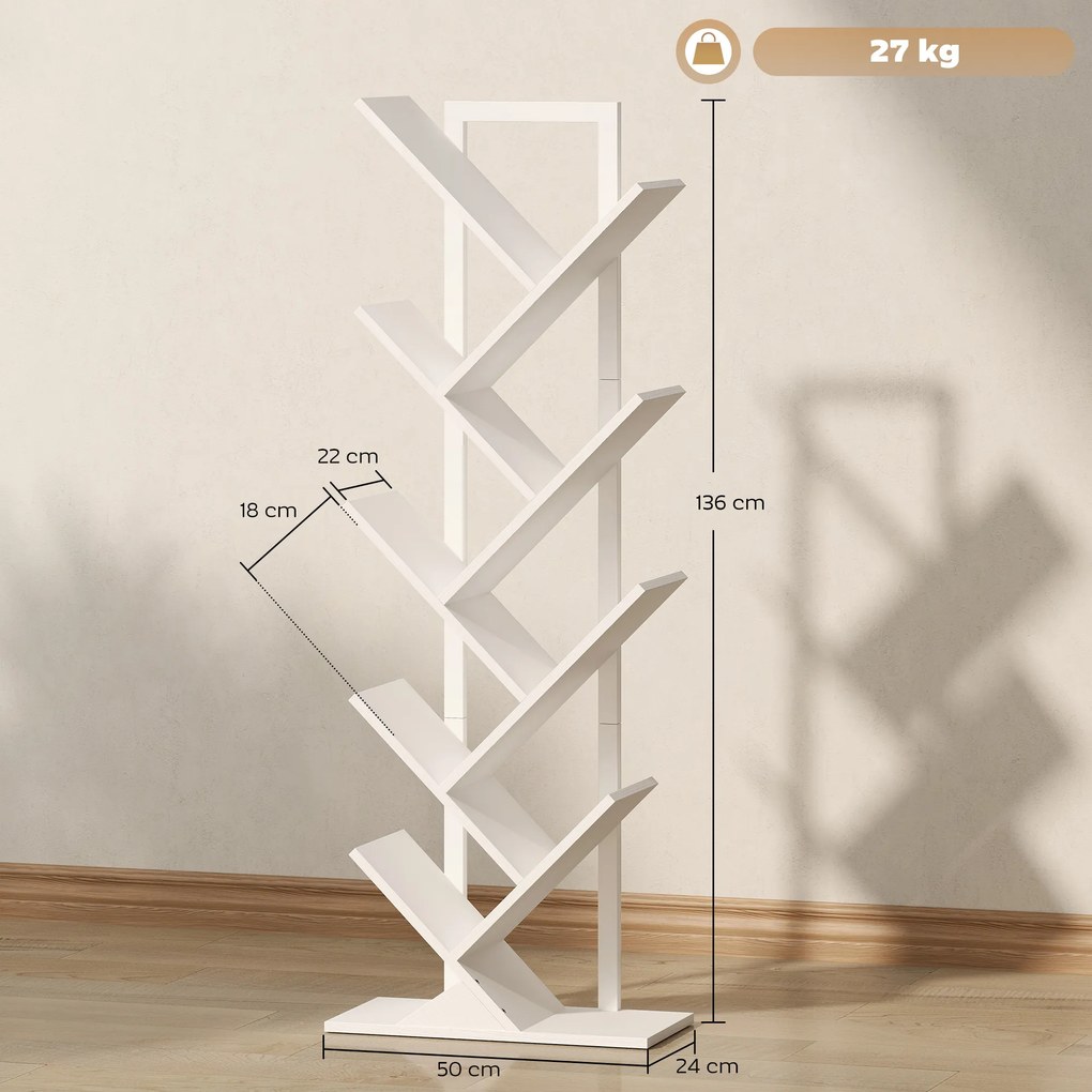 Estante em Forma de Árvore de 9 Níveis Estante de Livros com 9 Prateleiras e Estrutura de Aço 50x24x136 cm Branco