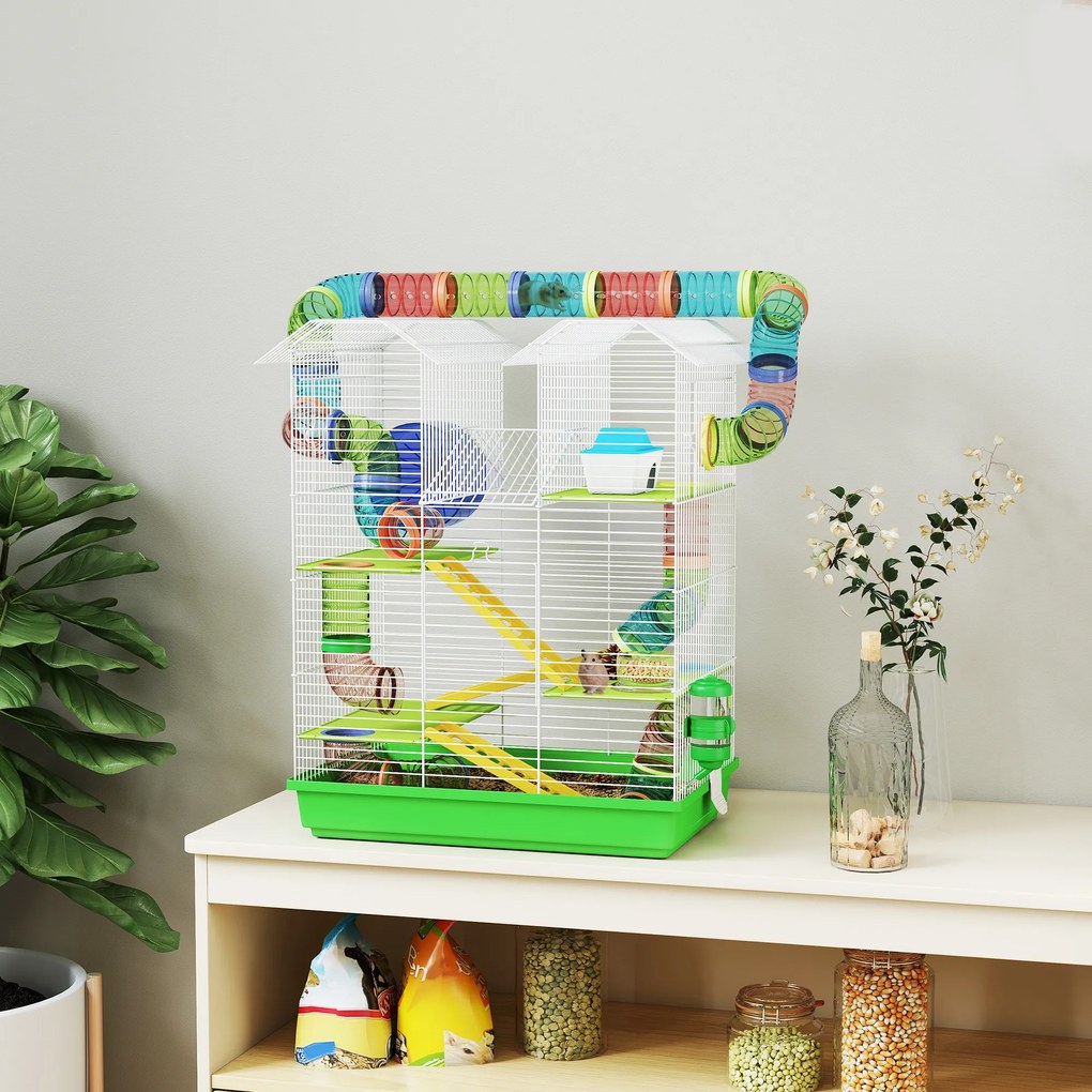 Gaiola para hamsters, ratos e pequenos roedores com túnel, comedouro, roda e brinquedo – 47 x 30 x 59 cm – verde