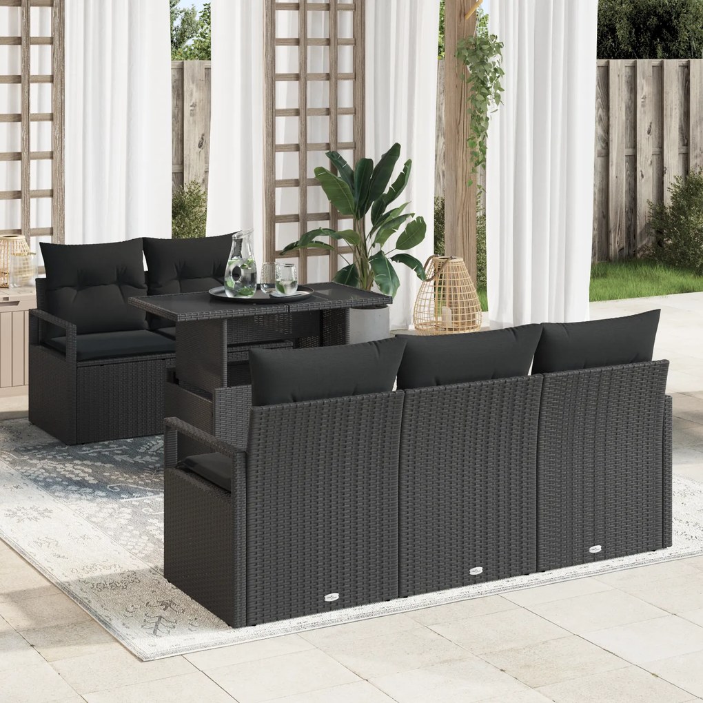 Conjunto de Sofá de Jardim vidaXL de 6 Peças com Almofadas Preto Ratta
