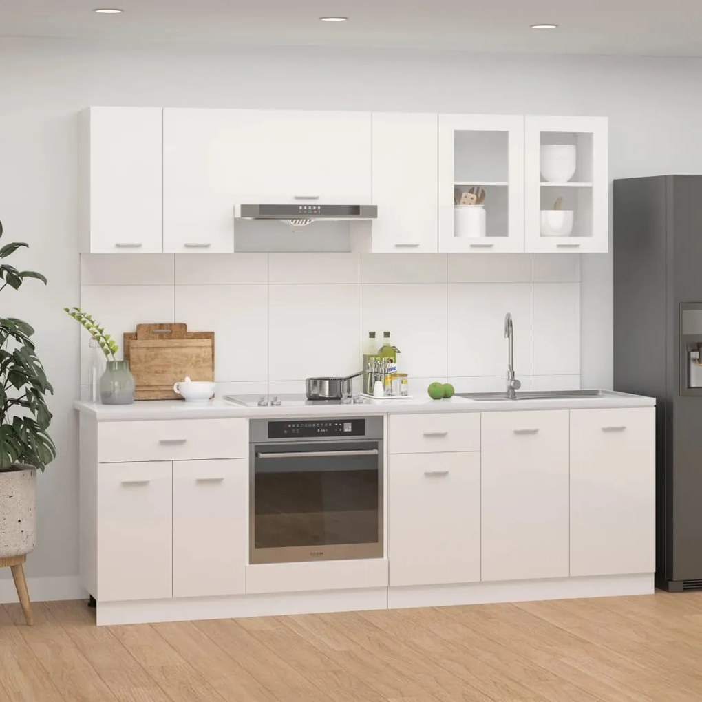 vidaXL 8 pcs conj. armários de cozinha contraplacado branco brilhante