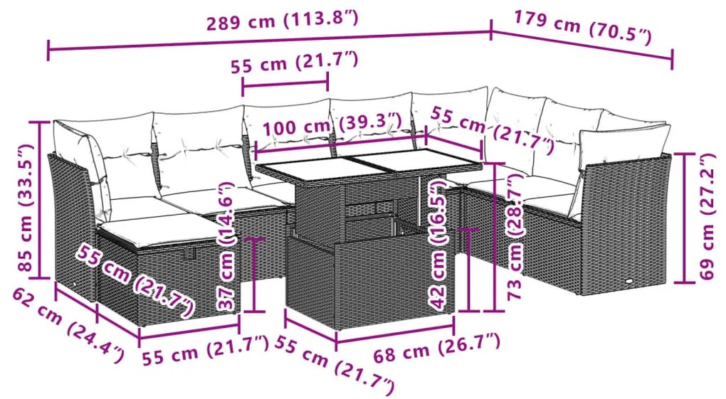 9 pcs conjunto de sofás p/ jardim com almofadões vime PE bege