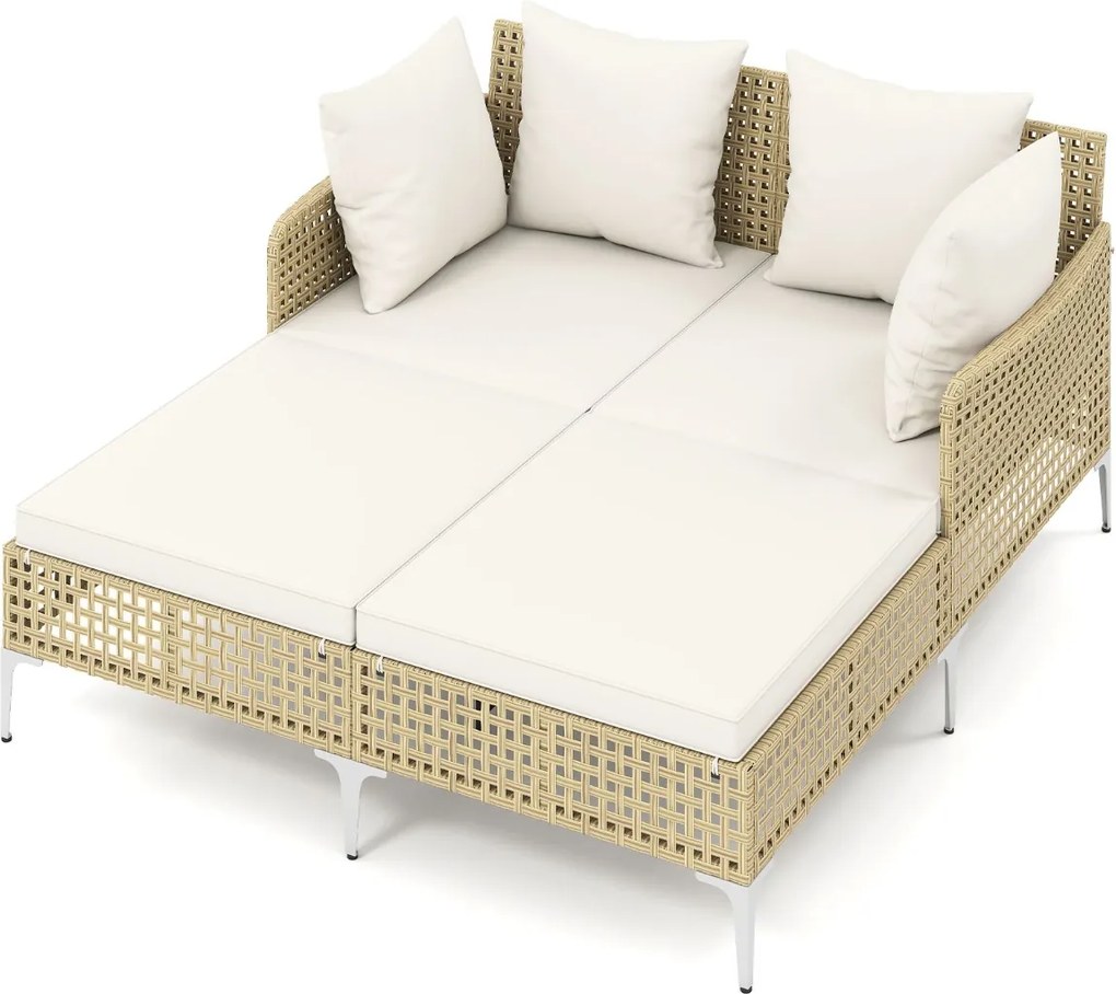 Espreguiçadeira cama dupla de rattan para jardim, para 2 pessoas, com almofadas de assento e encosto e estrutura metálica, para jardim, piscina e terr