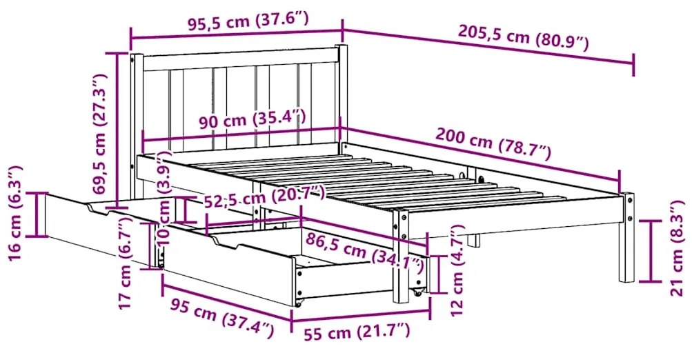 Cama sem colchão 90x200 cm madeira de pinho maciça
