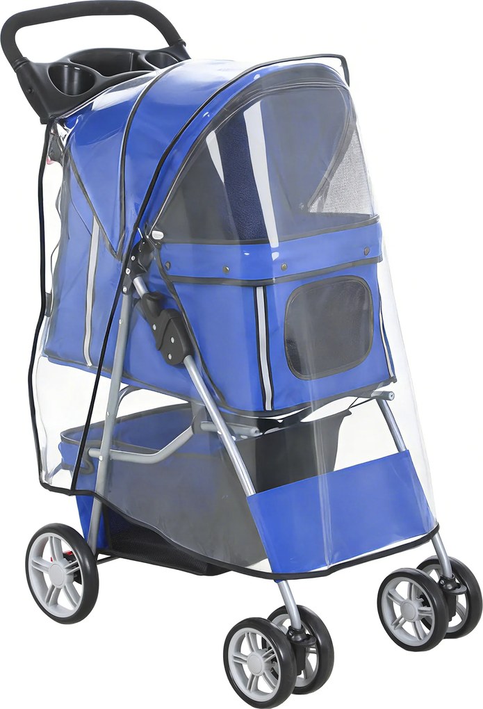 PawHut Carrinho para Cães Carrinho Dobrável Carrinho para Gatos até 10 kg com Capa de Chuva Faixas Refletoras Cesto 77x44x102 cm Azul | Aosom Portugal