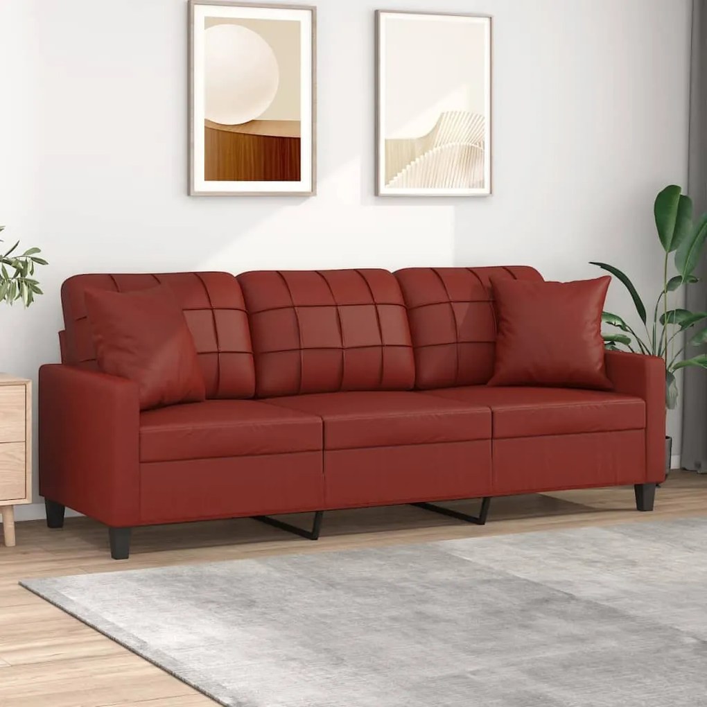 vidaXL Sofá 3 lug. c/ almofadas/almofadões couro artif. vermelho tinto