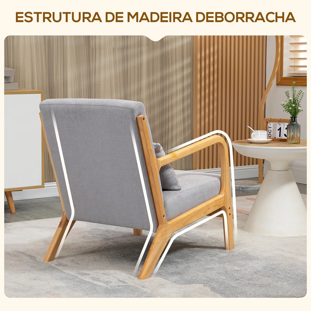 Poltrona Sala de Estar Nórdica Acolchoada com Apoio para os Braços e Estrutura de Madeira de Borracha 61x78x76 cm Cinza